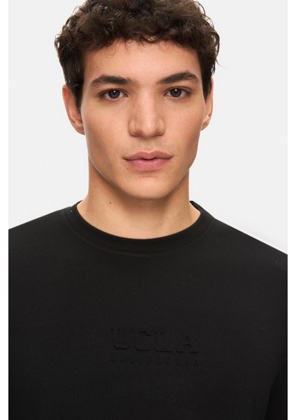 Machado Siyah Bisiklet Yaka Gofre Baskı Standard Fit Erkek Sweatshirt fiyatları