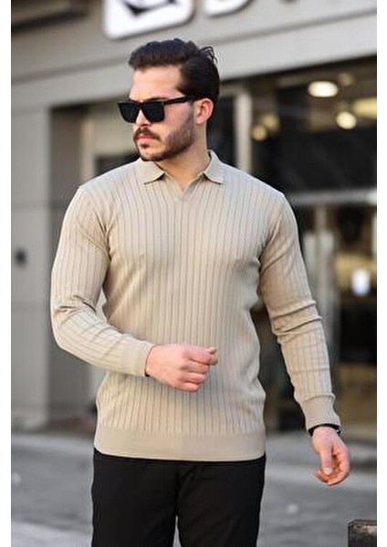 Bej Polo Yaka Triko Kazak Erkekler İçin Normal Kalıp Günlük Stil