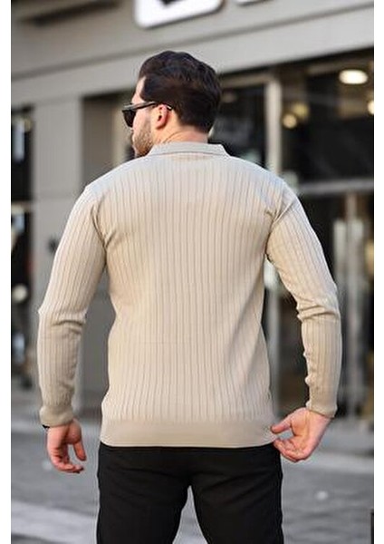 Bej Polo Yaka Triko Kazak Erkekler İçin Normal Kalıp Günlük Stil