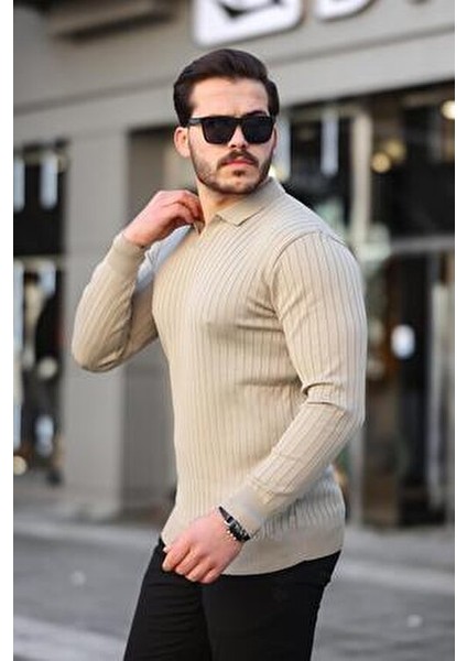 Bej Polo Yaka Triko Kazak Erkekler İçin Normal Kalıp Günlük Stil