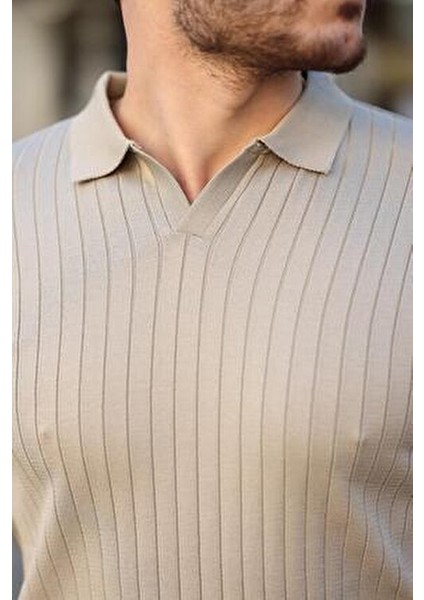 Bej Polo Yaka Triko Kazak Erkekler İçin Normal Kalıp Günlük Stil