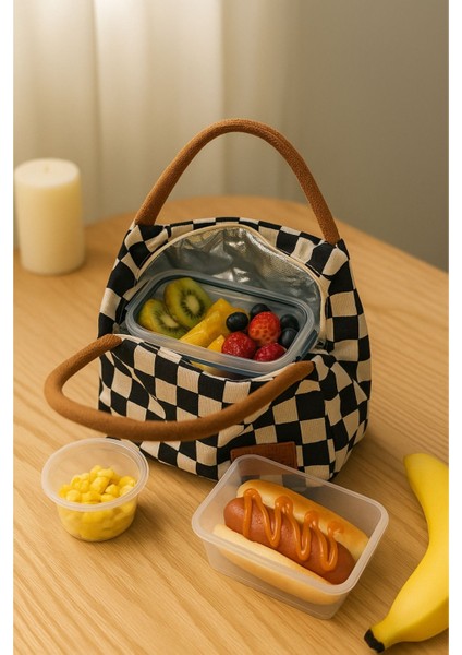 Dama Desenli Siyah Isı Yalıtımlı Beslenme, Yemek Çantası modelleri