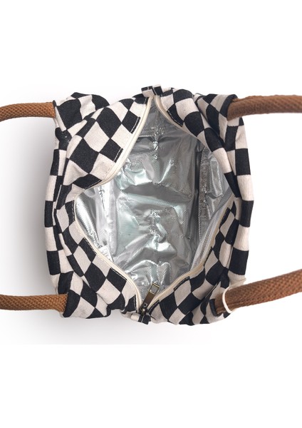 Dama Desenli Siyah Isı Yalıtımlı Beslenme, Yemek Çantası