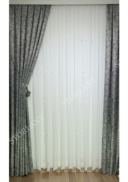 Efsun Gri Bambu Serpme Tül Perde Ütü Gerektirmeyen Kalın Kumaş 275 x 270 cm