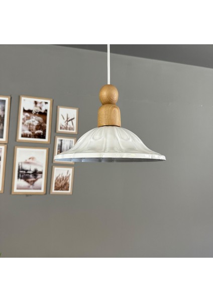 Ralivo Beyaz Metal Avize Tekli Kalın Ahşap Boncuk Başlık Mutfak Modern Dekoratif Sarkıt Aydınlatma