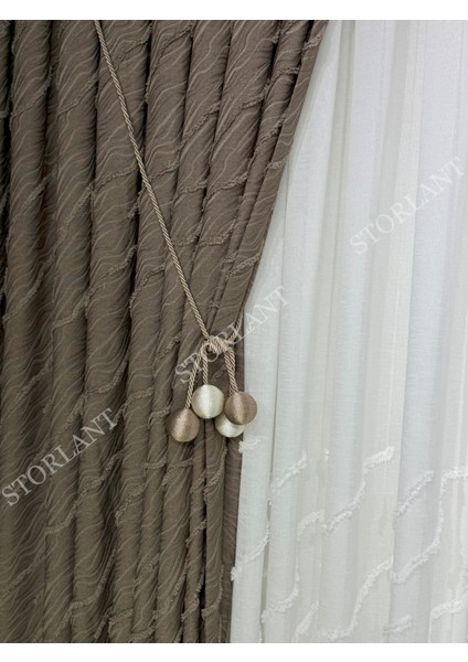 Puffy Aqua Kahve Fon Perde – Lüks Tek Kanat, 1/3 Sık Pile, Aksesuar Hediyeli