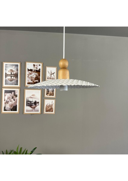 Zetra Beyaz Metal Avize Tekli Kalın Ahşap Boncuk Başlık Mutfak Modern Dekoratif Sarkıt Aydınlatma