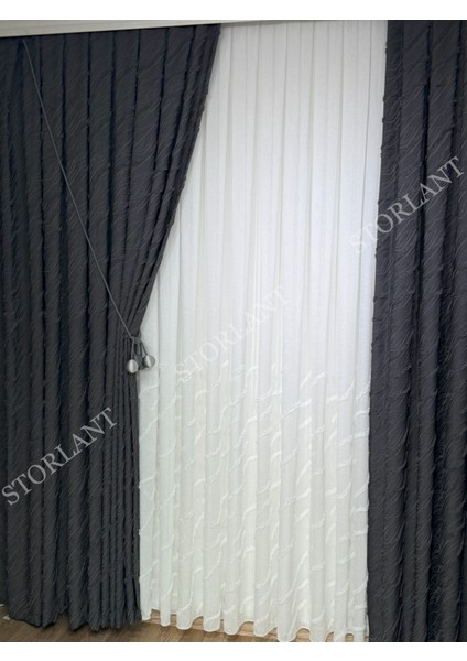 Puffy Aqua Anrasit Fon Perde – Lüks Tek Kanat, 1/3 Sık Pile, Aksesuar Hediyeli - Yüksek Kalite fırsatları