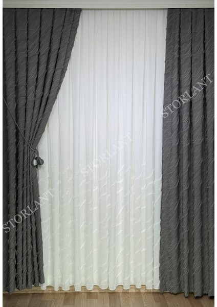 Puffy Aqua Gri Fon Perde – Lüks Tek Kanat, 1/3 Sık Pile, Aksesuar Hediyeli