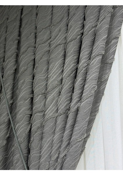 Puffy Aqua Gri Fon Perde – Lüks Tek Kanat, 1/3 Sık Pile, Aksesuar Hediyeli