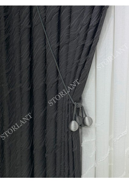 Puffy Aqua Anrasit Fon Perde – Lüks Tek Kanat, 1/3 Sık Pile, Aksesuar Hediyeli