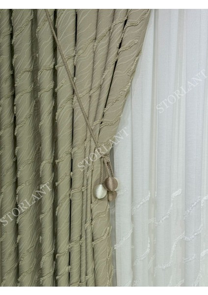 Puffy Aqua Vizon Fon Perde – Lüks Tek Kanat, 1/3 Sık Pile, Aksesuar Hediyeli