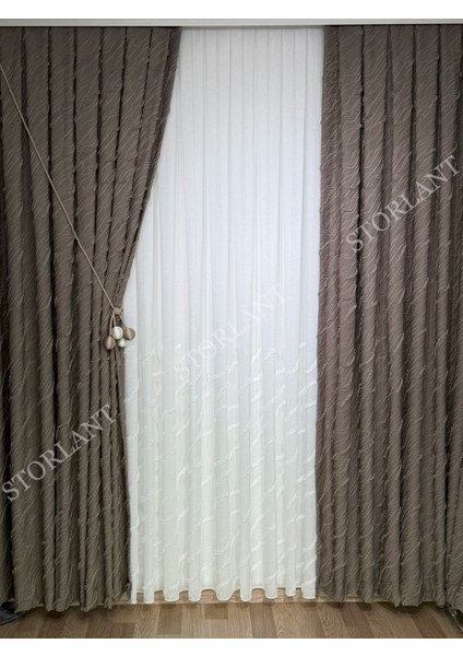 Puffy Aqua Kahve Fon Perde – Lüks Tek Kanat, 1/3 Sık Pile, Aksesuar Hediyeli