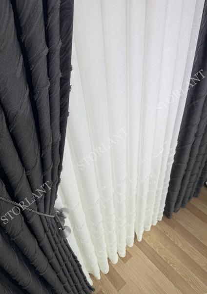 Puffy Aqua Anrasit Fon Perde – Lüks Tek Kanat, 1/3 Sık Pile, Aksesuar Hediyeli