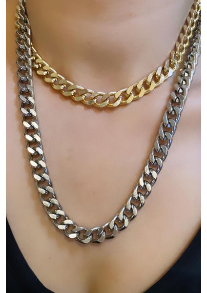 Gümüş ve Gold Renk Çift Sıralı Zincir Kolye