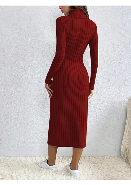 Kadın Uzun Kollu Balıkçı Yaka Yırtmaçlı Düğmeli Şardonlu Kaşkorse Elbise fiyatları