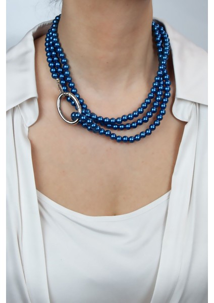 Parlak Mavi Boncuk Klips Kapama Uzun Kolye