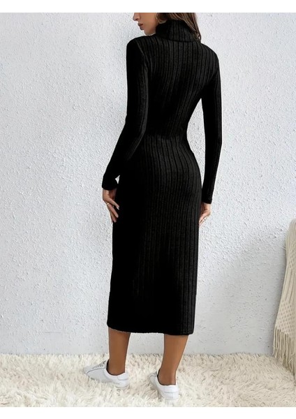 Kadın Uzun Kollu Balıkçı Yaka Yırtmaçlı Düğmeli Şardonlu Kaşkorse Elbise modelleri