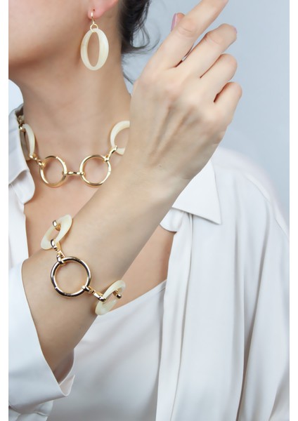 Kemik Görünümlü Büyük Halka Kolye Küpe Bileklik Set