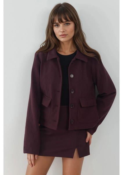 Kadın Cep Detaylı Düğmeli Kaşe Ceket Leylak Moru