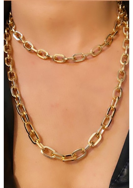 Gold Renk Çift Sıralı Geçmeli Zincir Kolye