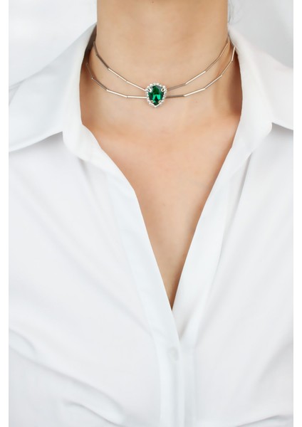 Damla Form Zirkon Taşlı Yeşil Cam Kristal Kolye