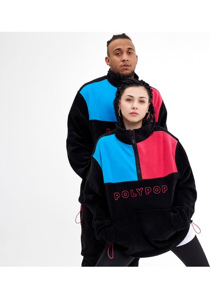 Logo Nakışlı Polar Sweatshirt Yüksek Yakalı Yarım Fermuarlı