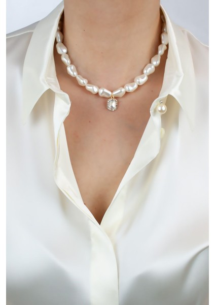 Şeffaf Kristal Taşlı Barok Inci Kolye