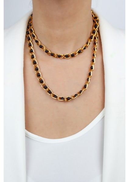 Çift Sıralı Siyah Küre Detay Zincir Kolye