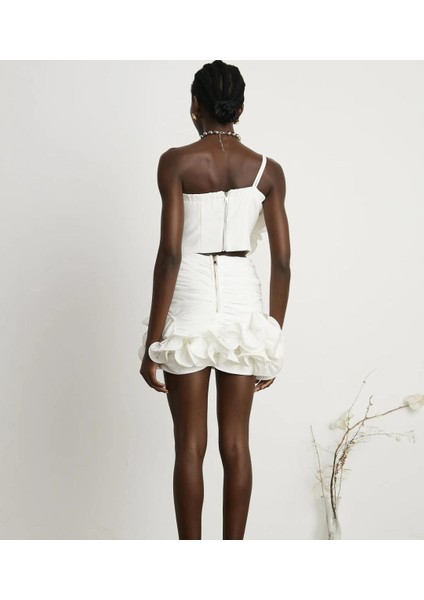 Sylvie Dantelli Mini Beyaz Etek , Abiye Fırfırlı Mini Beyaz Etek , Beyaz Etek fiyatları