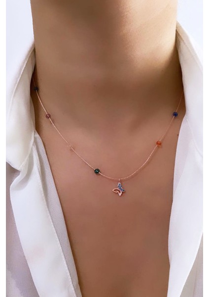 Zirkon Taşlı Kelebek Figürlü Renkli Kolye