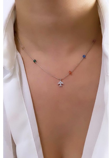 Zirkon Taşlı Kuş Figürlü Renkli Kolye