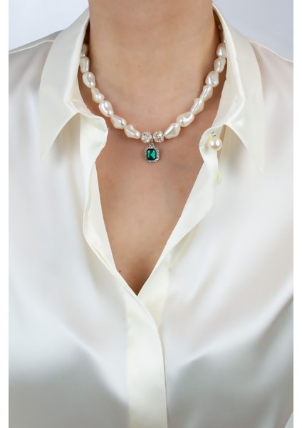Yeşil Kristal Taşlı Barok Inci Kolye
