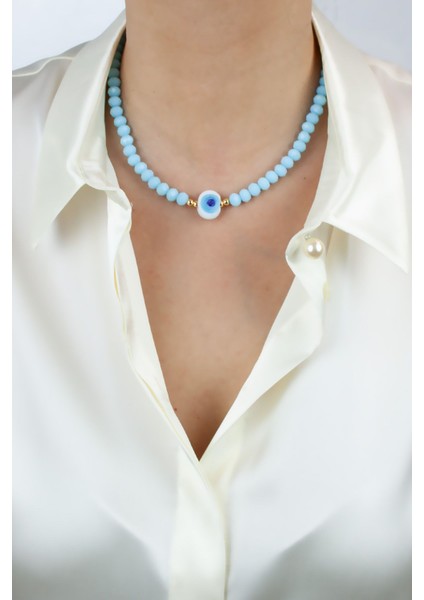 Beyaz Nazar Boncuklu Kristal Kolye