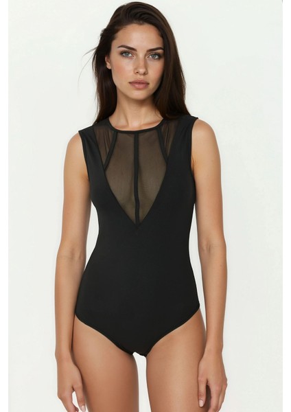Kadın Yakası Transparan Detaylı Slim Fit Yuvarlak Yaka Örme Body Siyah