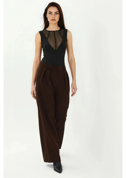 Kadın Yakası Transparan Detaylı Slim Fit Yuvarlak Yaka Örme Body Siyah