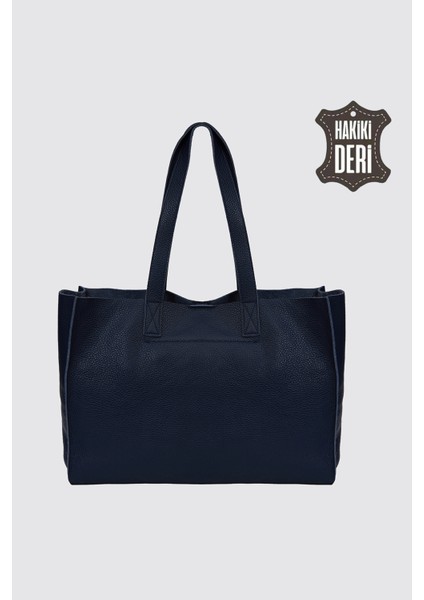 City Tote Hakiki Deri Omuz Çantası Lacivert SMR9182 modelleri