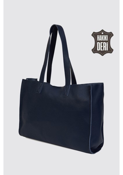 City Tote Hakiki Deri Omuz Çantası Lacivert SMR9182 fırsatları