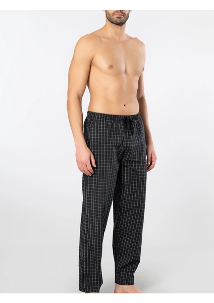 Erkek Siyah Ekoseli Bağcıklı Pijama Altı-Ekstra Rahat,yumuşak Dokulu