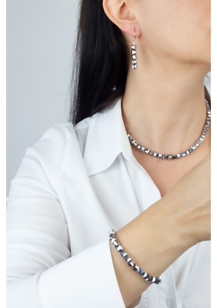 Küp Cam Kristal Kolye Küpe Bileklik Set