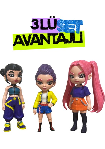 K-Pop Diamond Hunters Tarzı 3’lü Set | Rumi Mira Zoey | 3D Baskı El Boyama Figürler