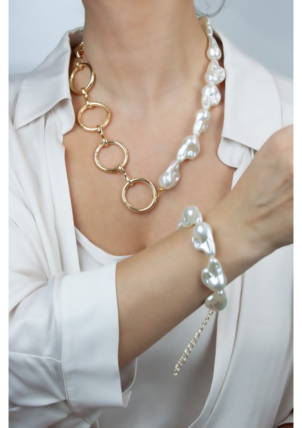 Barok Inci Gold Halka Kolye Bileklik Set