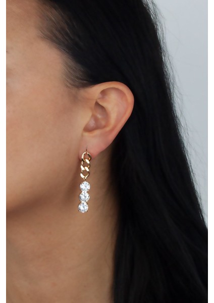 Üçlü Kristal Taşlı Zincir Sallantı Küpe