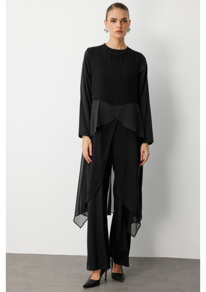 Şifon Detaylı Uzun Saten Şık Siyah Tulum