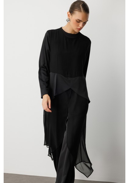 Şifon Detaylı Uzun Saten Şık Siyah Tulum fiyatları