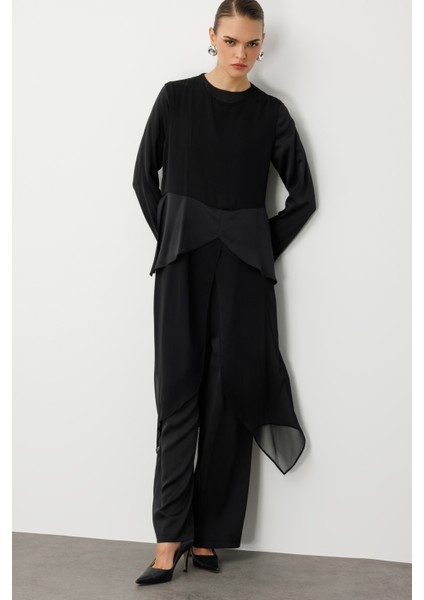 Şifon Detaylı Uzun Saten Şık Siyah Tulum modelleri