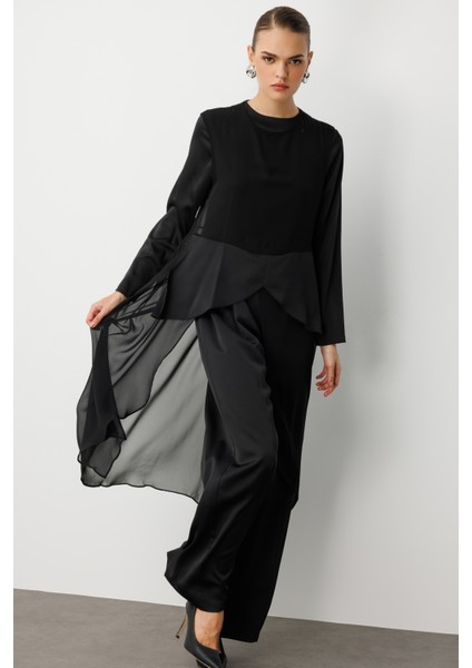 Şifon Detaylı Uzun Saten Şık Siyah Tulum fırsatları