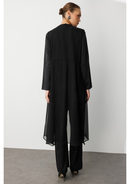 Şifon Detaylı Uzun Saten Şık Siyah Tulum indirimleri