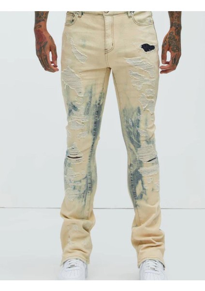 Fashıon Nova Vintage Mavi Yıkamalı ve Yıpranmış Desenli Erkek Kot Pantolon ,yıpranmış Desenli Krem Kot Pantolon