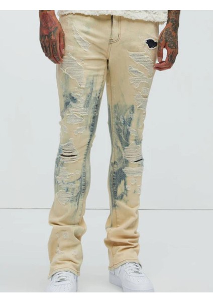 Fashıon Nova Vintage Mavi Yıkamalı ve Yıpranmış Desenli Erkek Kot Pantolon ,yıpranmış Desenli Krem Kot Pantolon